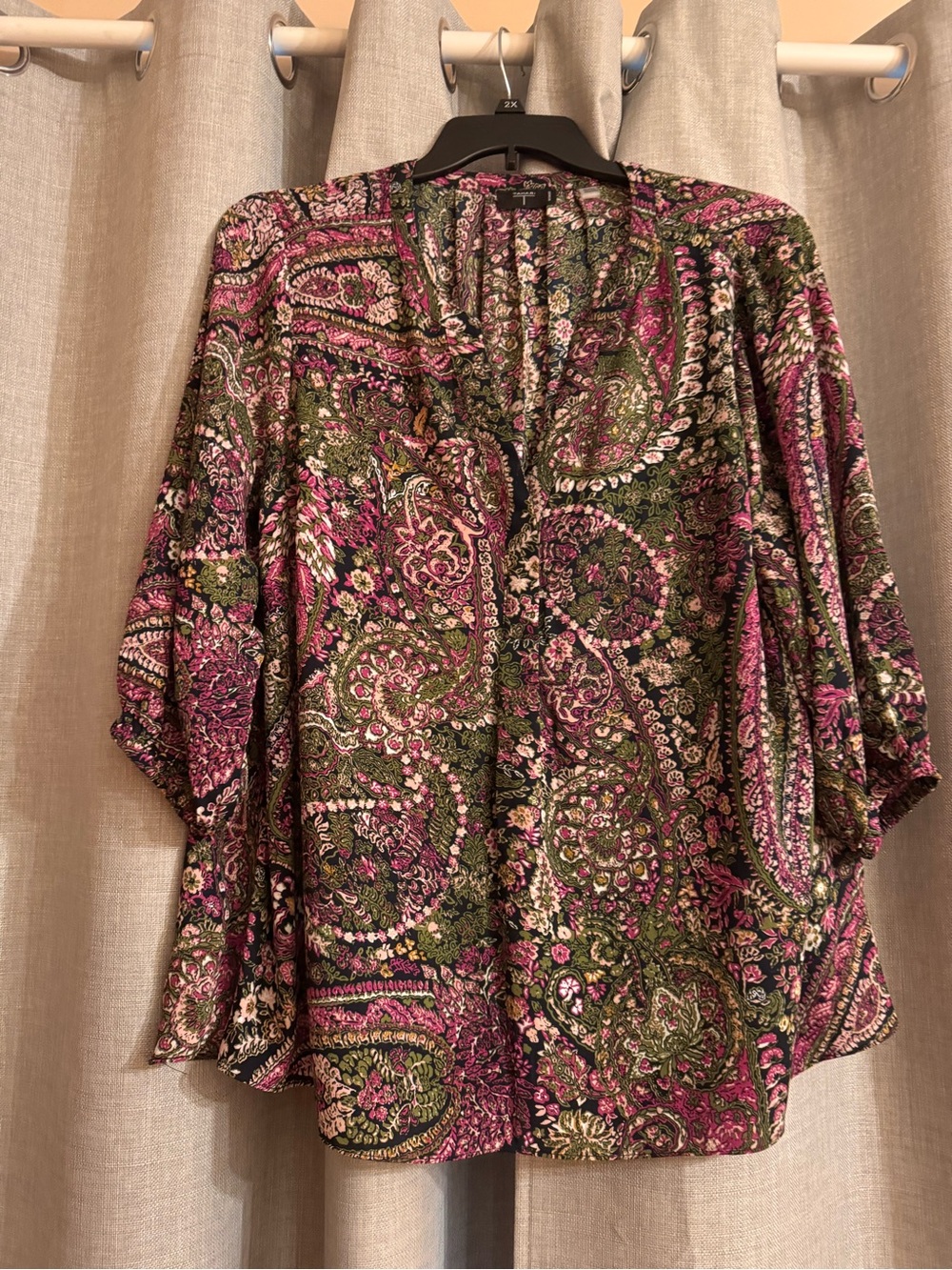 Tahari Pink and Olive Green Paisley Tunic Top